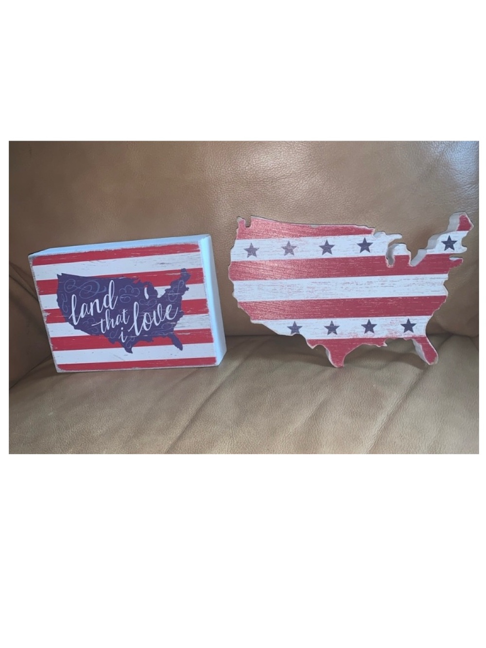 🦋🎯 NEW Patriotic USA Wooden Tabletop Décor Set 2 Red, White & Blue